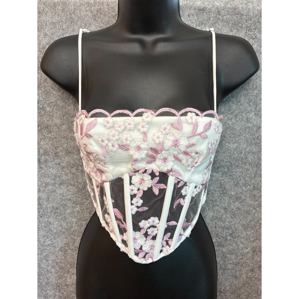 Floral Embroidered Sheer Corset Top Ren Faire Romantic Fairy Femenine Size XS